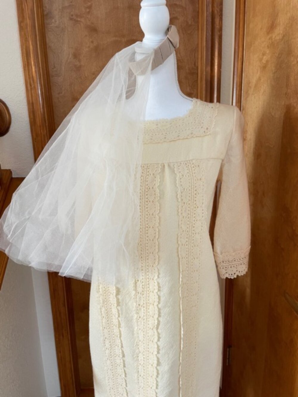 1960s Wool Sheath MOD Wedding Dress with Shoulder Length Veil